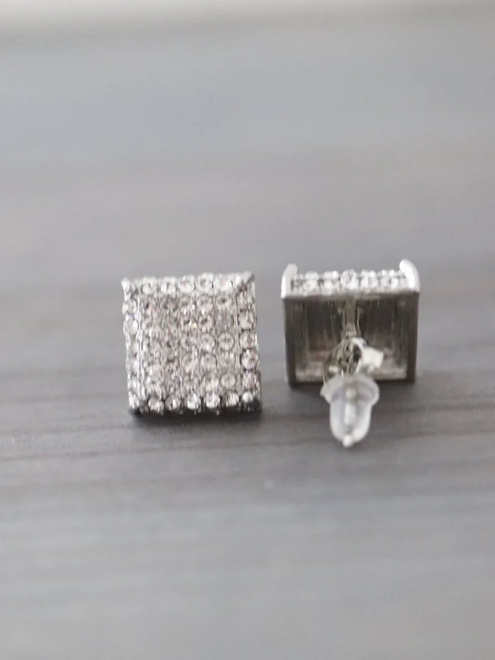 12mm Square Pave Style with Side Stones CZ Diamonds Stud Earrings Silver Plated